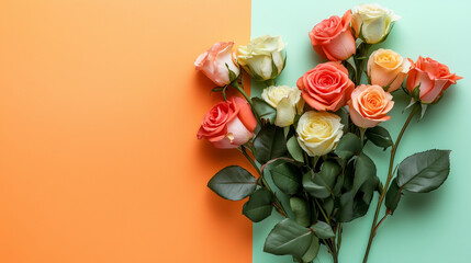 Overhead view of bouquet of colorful rose on dual tone orange and mint background