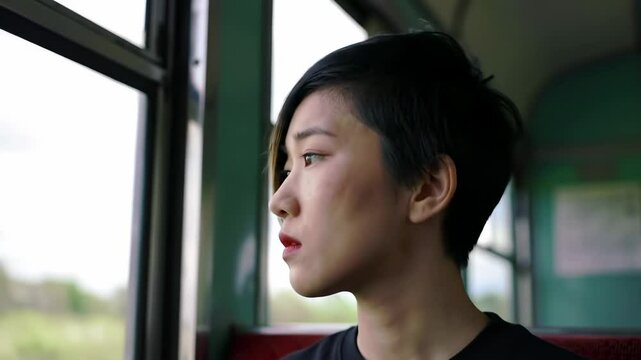 Woman gazing thoughtfully out of a train window, surrounded by lush green landscapes in motion - modern short hair for women