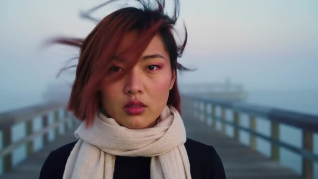 Young woman with flowing hair on a foggy pier, showcasing serene expression in a tranquil setting - modern short hair for women