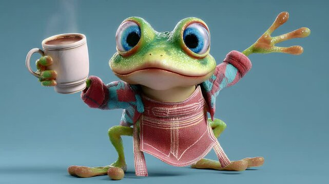 Friendly cartoon frog in a red robe holds a steaming mug against a muted blue background. The frog has large, expressive eyes. 