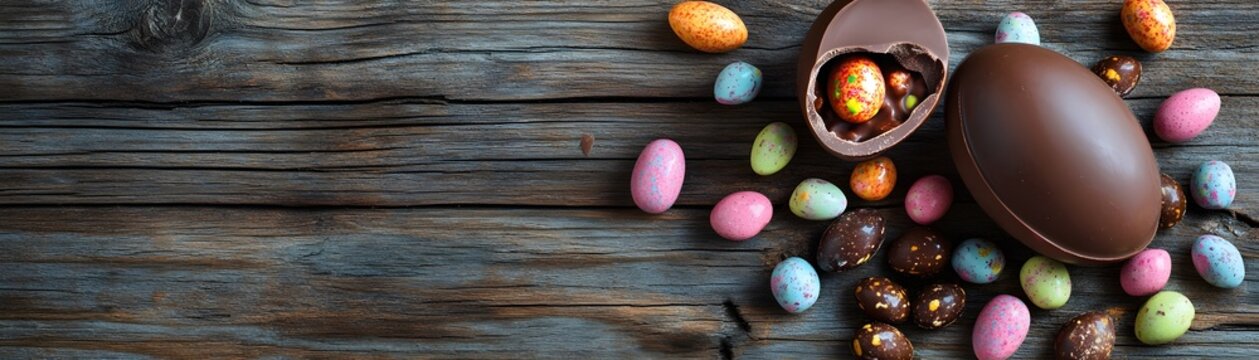 Colorful chocolate eggs and candies on a rustic wooden surface.