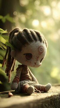 Small Weathered Doll in Sunlit Forest Setting