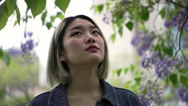 Young woman gazing thoughtfully upwards among blooming wisteria in a serene urban garden setting - modern short hair for women