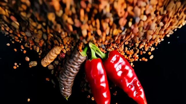 Mixture of ground spices, assorted peppers, salt, and small red chili peppers slowly rising and falling against a black background. Captured at 300fps in slow motion, showcasing vibrant colors and det