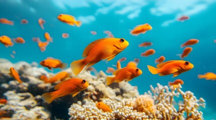 Fototapeta premium A vibrant coral reef swarming with a school of orange fish. long_title:A lush underwater coral reef teeming with a captivating school of vibrant