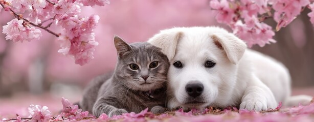 A cute puppy and kitten snuggling together under beautiful pink cherry blossoms, showcasing friendship and tranquility.