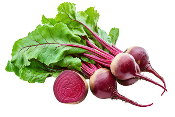 a bunch of beets with leaves and a beet slice