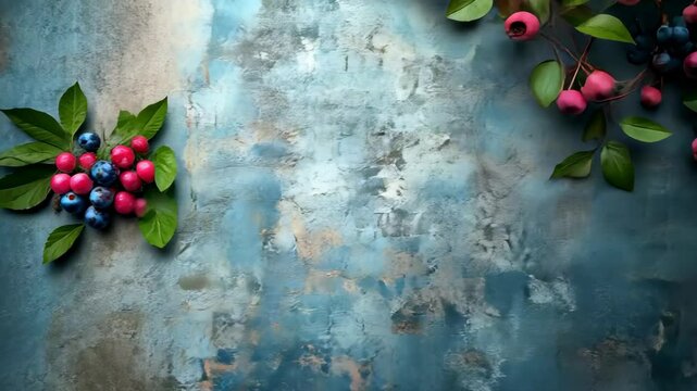 Autumnal berries and leaves arranged on a textured surface, creating a vibrant corner design with copy space