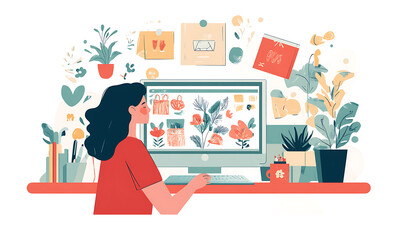 Online shopping, digital selling, ecommerce process, and customer experience through modern illustrated scenes on white background.