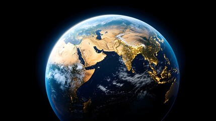Fototapeta premium The image shows a detailed view of Earth from space, mostly showing the Middle East, India, and Southeast Asia at night, with city lights illuminating the landmasses against the dark backdrop of the