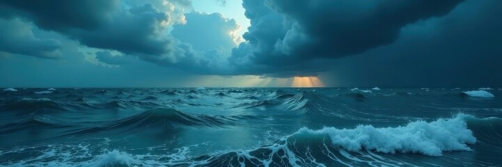 Fototapeta premium Dark, brooding clouds swirl above a turbulent, inky ocean , powerful, wild