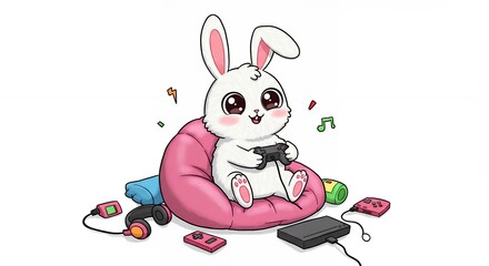 Cute cartoon bunny playing video game