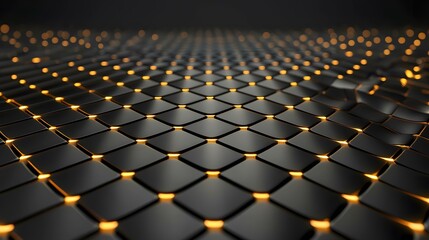 Obraz premium A dark, undulating surface composed of square tiles is illuminated from beneath by warm-toned lights.