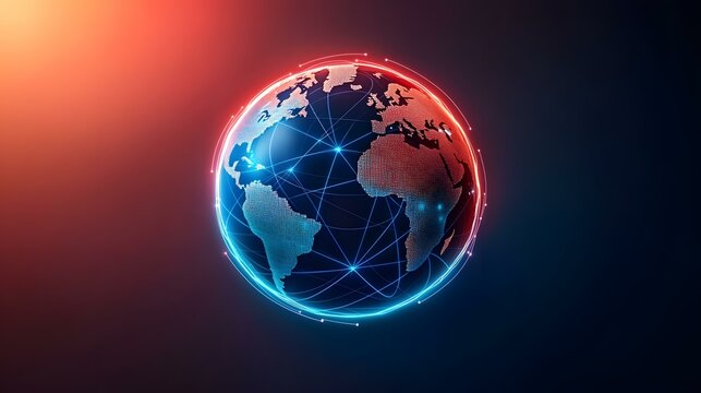 The image contains a stylized 3D rendering of the Earth, represented as a sphere of interconnected nodes, glowing with blue and red light, against a dark background.  A network of lines connects thes - Powered by Adobe