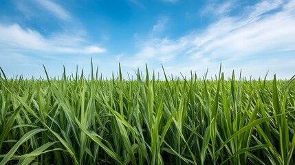 Obraz premium Expansive sugarcane plantation under a bright blue sky