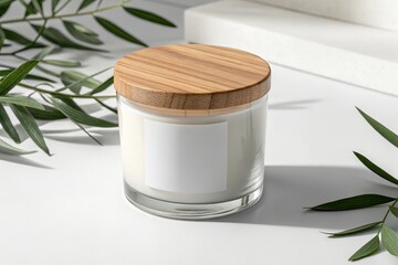 Glass Candle Jar with Wooden Lid Mockup for Branding on White Surface