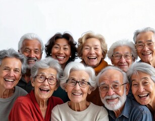 A group of  senior people with different ethnicities smiling happily isolted on white background. International Day for Older Persons. copy space. Generate AI