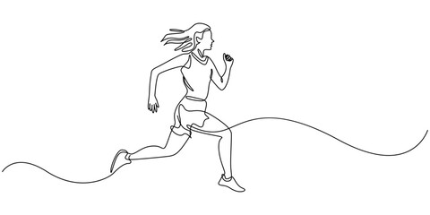 vector one line drawing girl running, Continuous single drawn one line girl on a run, single continuous line drawing of a young woman athlete running fast. Sport running woman concept of sports.