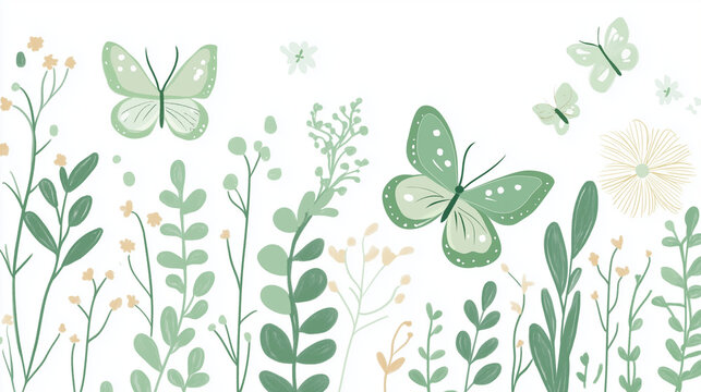cute spring doodle illustration with simple lines of  butterfly stickers and lovely floral in green color style