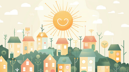 cute vector of smart grid city with sun and houses and energy flow lines
