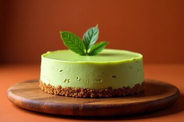 Tempting Matcha Cheesecake on Wooden Cutting Board, Terracotta Background, Clean Food Photography, Sunset Window Light, High Resolution