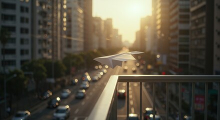Paper airplane soars above the city, symbolizing freedom and escape against a backdrop of buildings and traffic. A message of hope takes flight.