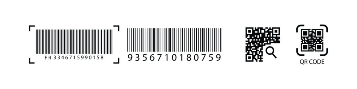 QR Code with text scan me icon and barcode icon collections. Dummy Barcodes and QR code label Collection. digital bar code and retail pricing bars labeling. QR code icon collections.
