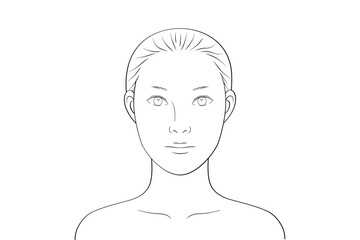二重のノーメイクの女性｜メイク練習・シミュレーション用線画イラスト素材