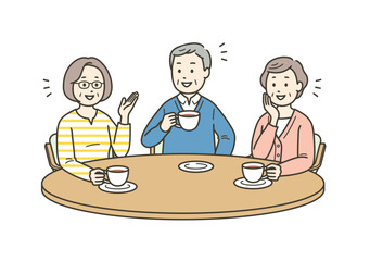 お茶をしながら楽しく話す高齢男性と高齢女性たちのイラスト
