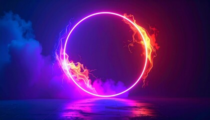 Neon circle. Glowing neon sign. Fog. Smoke. Background with neon circle.