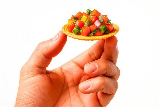 Hand Holding Mini Tostada With Colorful Salsa