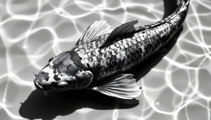 Naklejka premium a high contrast black and white photograph inspired digital art, emphasizing shadows and highlights on the koi fish scales.