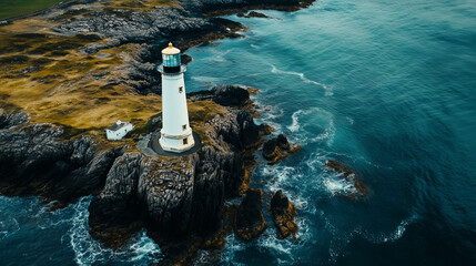 Aerial view of lighthouse on a rocky coastline for wallpaper