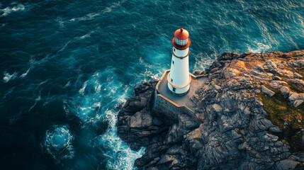 Aerial view of lighthouse on a rocky coastline for wallpaper