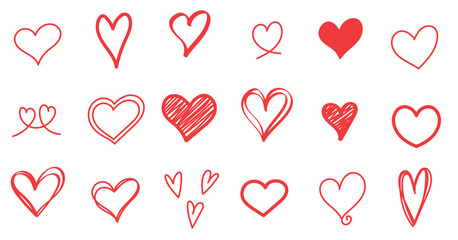 Set of doodle hand drawn red heart, love symbol collection