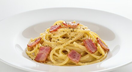Fototapeta premium Delicious carbonara pasta recipe with bacon and creamy sauce on white plate italian food photography