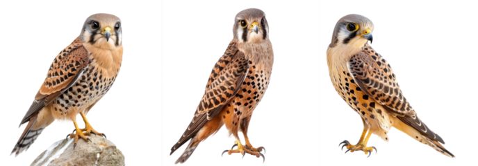 Collection of Kestrel bird fly full body isolate on white background