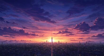 Obraz premium Sunset Metropolis: A Vibrant Cityscape at Dusk