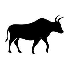Silhouette of a bovine animal walking in a white background space