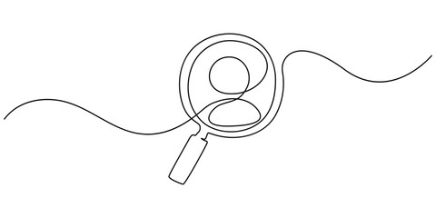 Magnifying glass with profile icon continuous one line drawing. Human Resources Sketchy Doodle Vector Line Icon with Editable Stroke, Continuous one line man in magnifier HR concept, Magnifying glass.