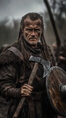 Fototapeta premium Man in Viking costume wielding axe and shield amidst battle