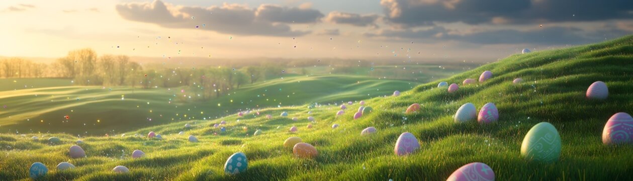Picturesque rolling hills adorned with colorful eggs.