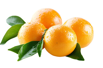 three oranges with leaves on a white background