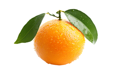 an orange with a leaf on it with water droplets
