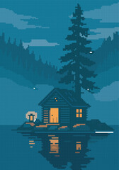 pixel art view of house in the middle of the lake, vector illustration on isolated background.
