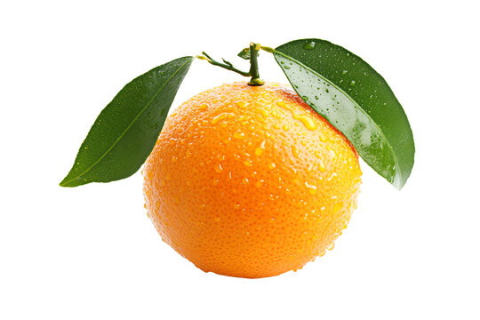 an orange with a leaf on it with water droplets