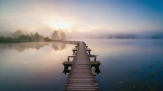wooden dock extending into foggy lake with orange sunrise light reflecting on water, peaceful early morning scene perfect for relaxation, meditation, or nature backgrounds