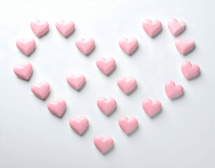 Fototapeta premium A collection of pink heart-shaped candies arranged in a playful pattern on a smooth white surface