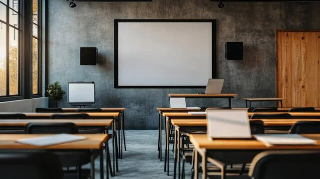 Empty classroom with modern, wooden tables and black chairs, large window, and a blank projector screen