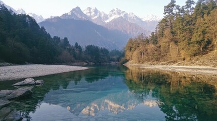 Naklejka premium Serene Mountain Landscape with Clear River and Reflections of Peaks in Calm Waters Surrounded by Lush Green Forests and Rocky Shores
